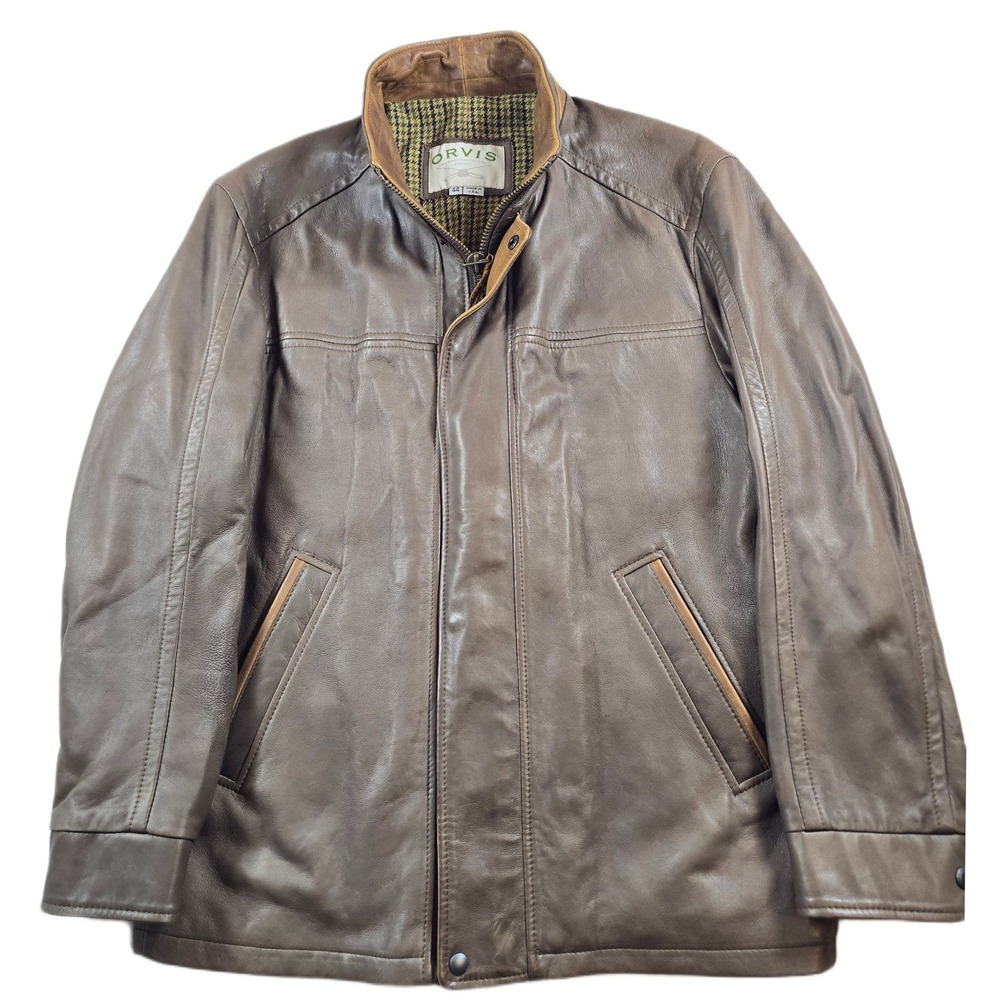 Orvis Denver Leather Jacket Mens 44 Large Brown Houndstooth Wool Lining Made USA